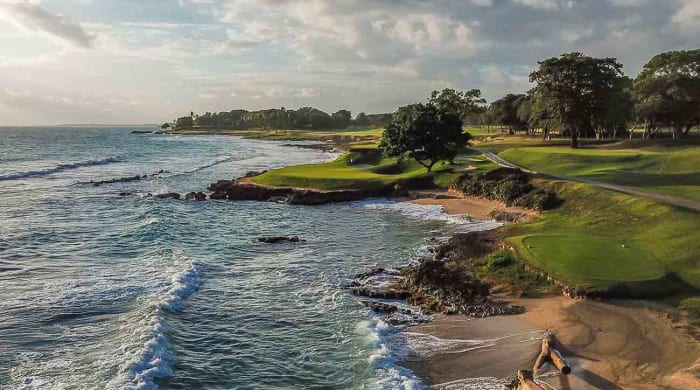 The signature short par-3 5th hole at Teeth of the Dog.